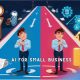 Illustration of ai for small business with entrepreneur choosing between manual work and AI-powered automation, with symbols of time vs. technology and profit.