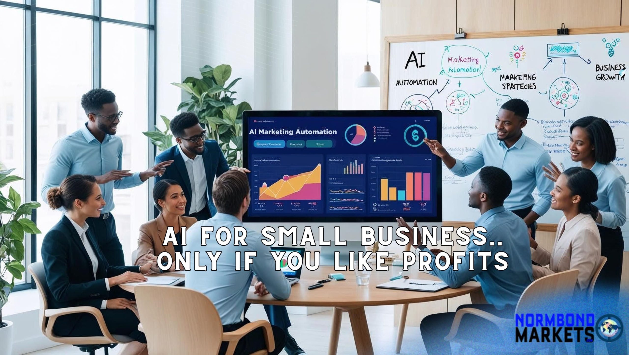 Business team using AI marketing automation dashboard with the text "AI for Small Business.. Only If You Like Profits" for NormBond Markets blog post