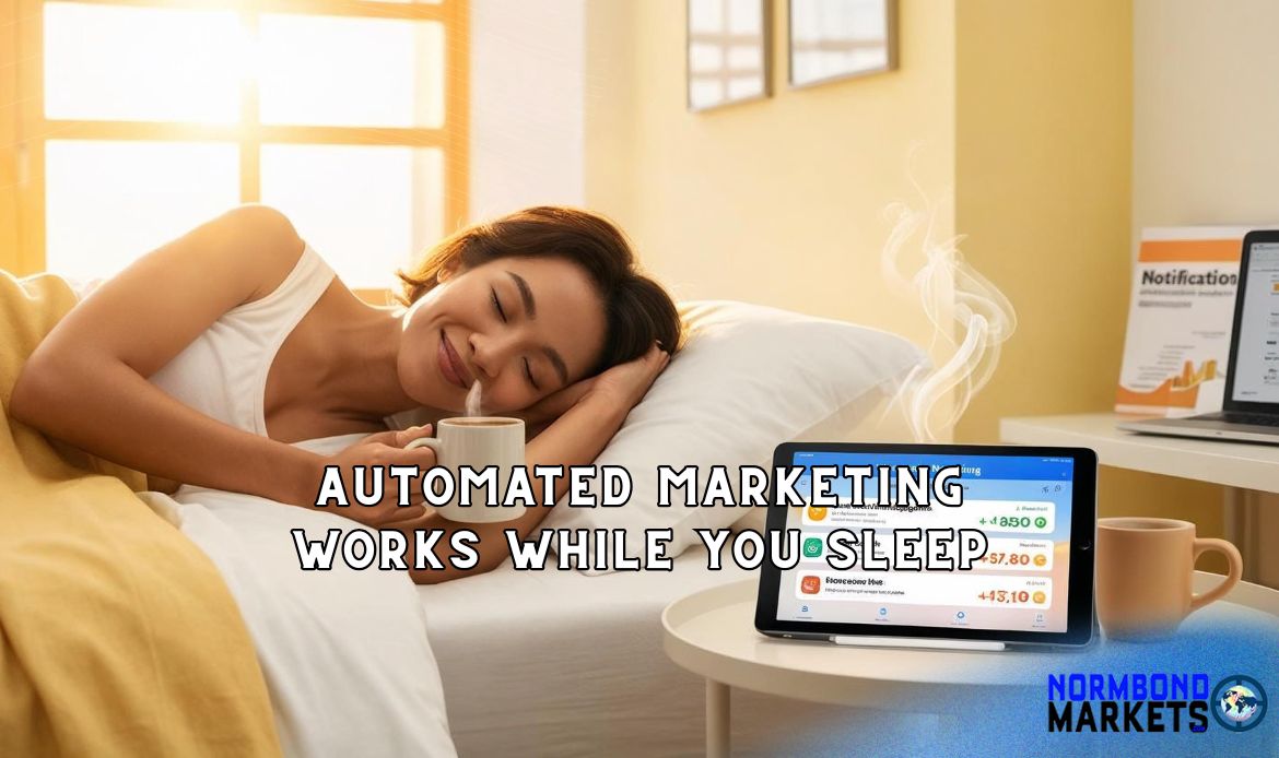 automated marketing works while you sleep with woman peacefully resting in bed while automated marketing dashboard runs in the background