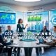 AI marketing on display as CEO presents AI marketing strategies to executive team in futuristic boardroom