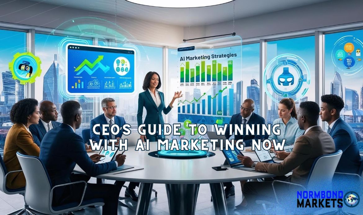 AI marketing on display as CEO presents AI marketing strategies to executive team in futuristic boardroom
