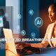 Confident female coach at laptop with glowing AI icons, symbolizing transformation from burnout to business success using AI tools.