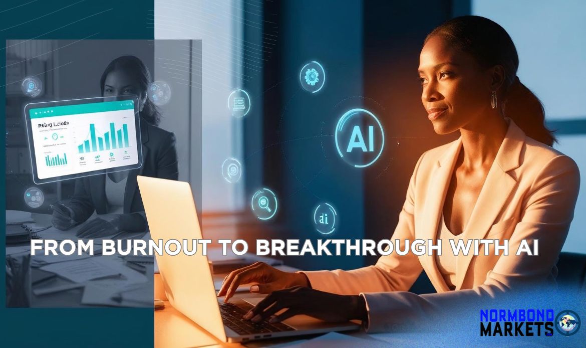 Confident female coach at laptop with glowing AI icons, symbolizing transformation from burnout to business success using AI tools.