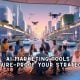 Entrepreneurs using AI marketing tools in a futuristic smart city workspace