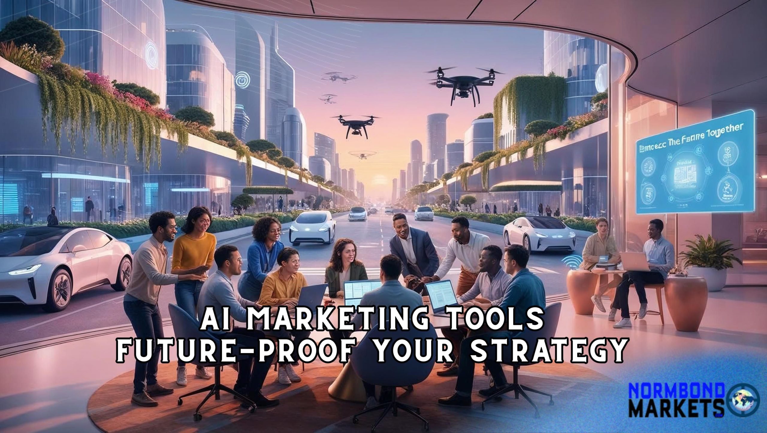 Entrepreneurs using AI marketing tools in a futuristic smart city workspace