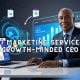 AI marketing services to drive digital growth as smiling CEO sits in front of digital ashboards and automation tools