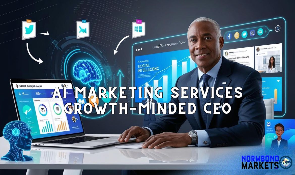 AI marketing services to drive digital growth as smiling CEO sits in front of digital ashboards and automation tools