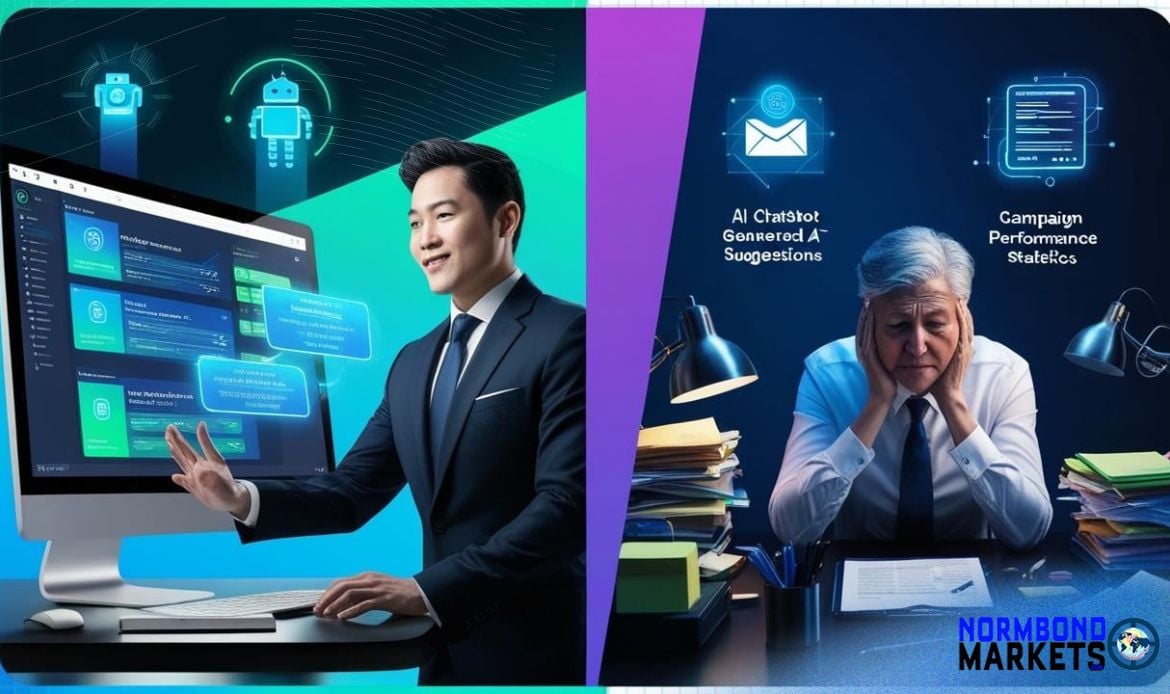 Split-screen showing one entrepreneur using AI-powered tools like Mailchimp’s Intuit Assist confidently, while another business owner looks frustrated surrounded by paperwork—highlighting the digital divide in SMB marketing.