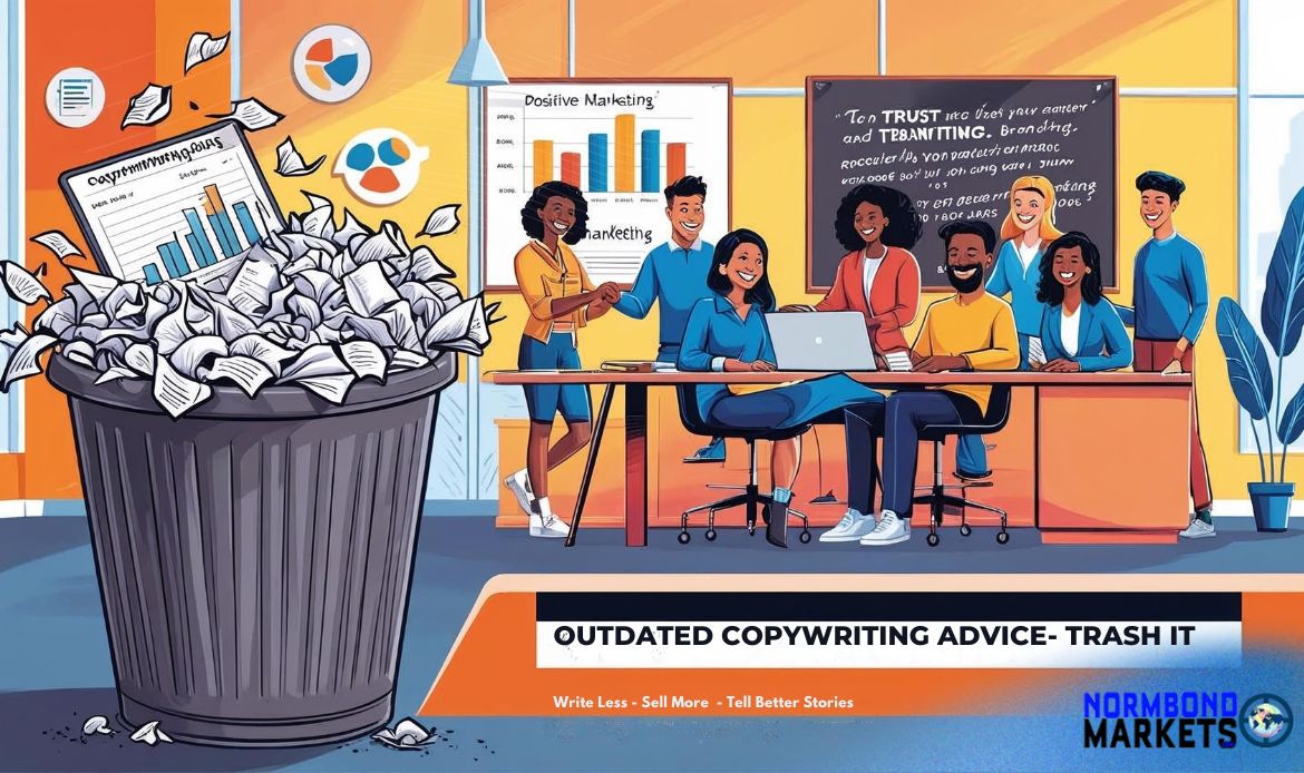 Diverse team celebrating new wins with AI marketing strategies while a trash bin overflows with outdated copywriting advice—symbolizing a shift to AI storytelling.