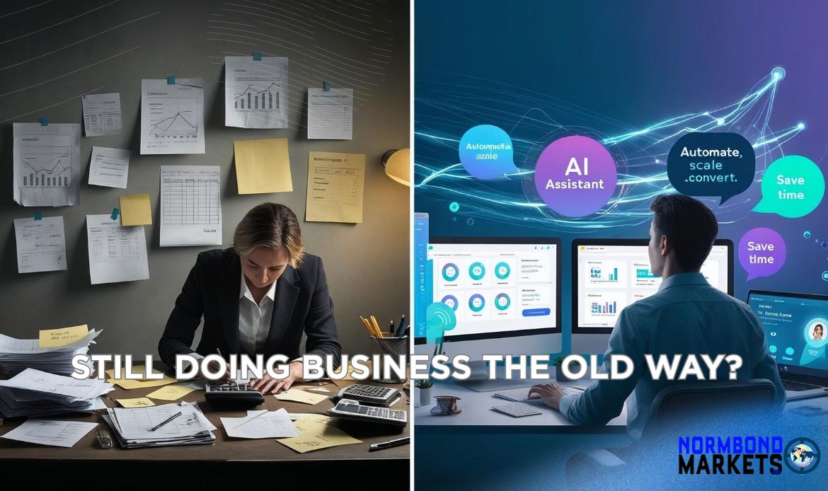 A split-screen showing a stressed businesswoman buried in paperwork vs. a tech-savvy entrepreneur using AI tools and dashboards.
