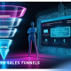 A futuristic neon sales funnel labeled Awareness, Interest, Decision, Action, next to a business professional in front of a glowing dashboard showing AI automation, marketing data, and dollar icons—representing AI-powered sales funnel strategies.