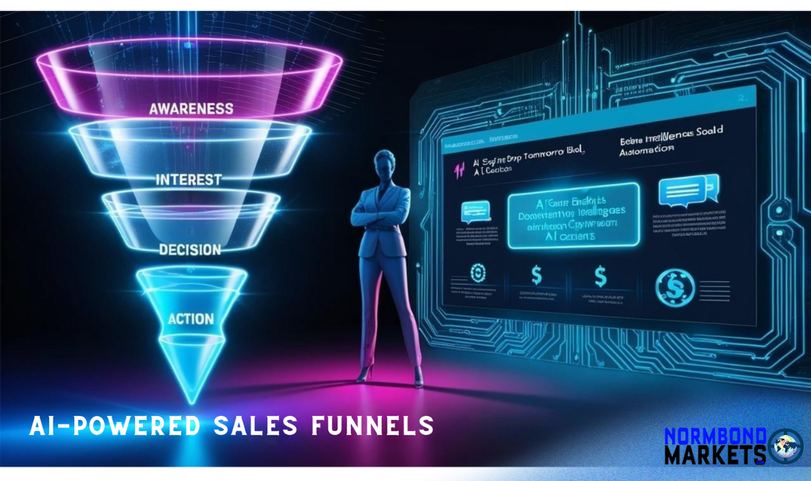 A futuristic neon sales funnel labeled Awareness, Interest, Decision, Action, next to a business professional in front of a glowing dashboard showing AI automation, marketing data, and dollar icons—representing AI-powered sales funnel strategies.