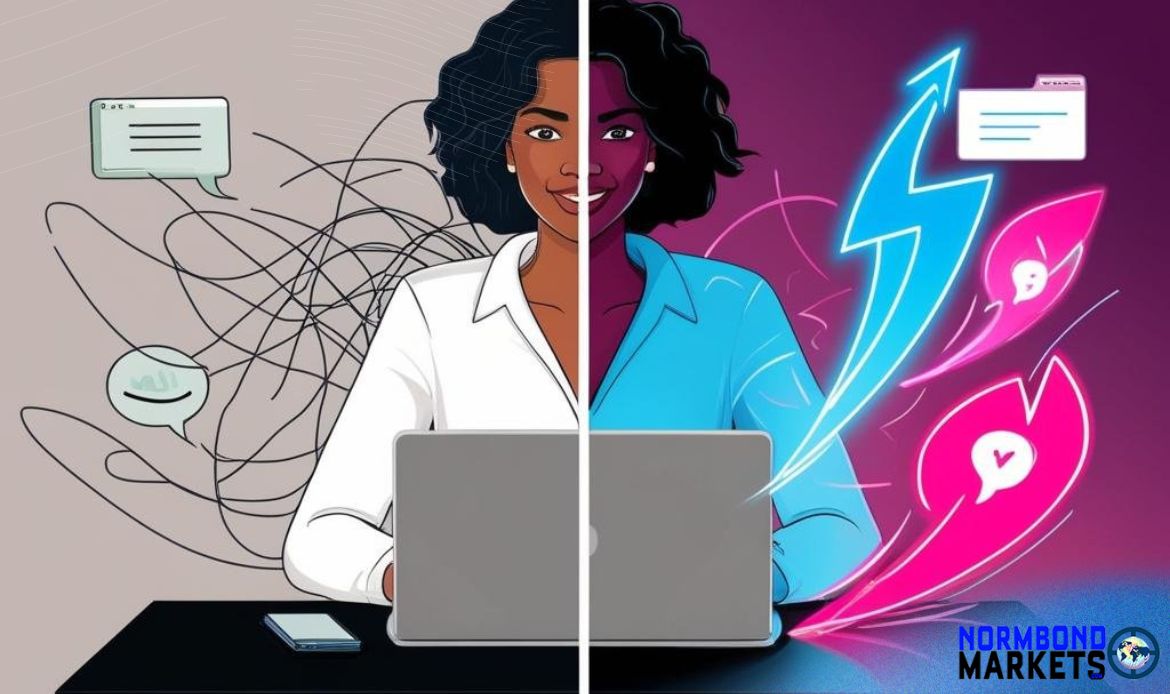 Illustration of a solo Black female coach at a laptop, split-screen showing a transformation from overwhelmed and chaotic (left) to confident and empowered using AI tools (right), with digital icons and lightning graphics representing growth.