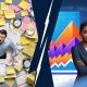 Split image of overwhelmed man buried in sticky notes vs confident businesswoman with AI-powered charts, symbolizing marketing chaos to clarity transformation.