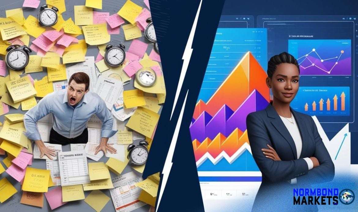 Split image of overwhelmed man buried in sticky notes vs confident businesswoman with AI-powered charts, symbolizing marketing chaos to clarity transformation.