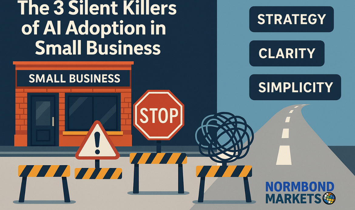 Split-screen image showing a small business blocked by warning signs and clutter on the left, and a clear road labeled Strategy, Clarity, Simplicity on the right—representing AI adoption paths.
