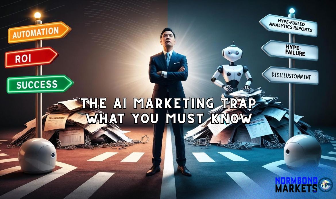 AI marketing illustrated with Businessperson and robot standing between AI marketing outcomes—success vs hype—with road signs pointing to ROI, failure, and disillusionment.