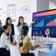 AI for small business represented by diverse team of professionals using AI marketing automation tools to grow a small business, with charts and strategy visuals on screen