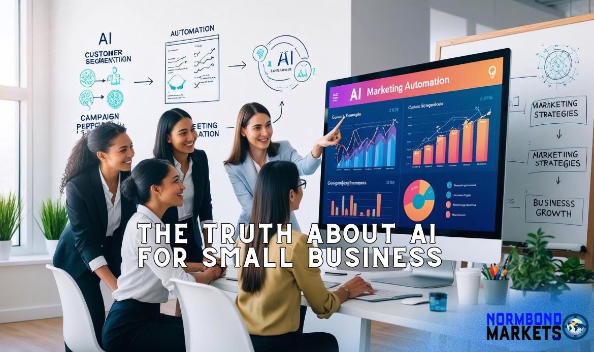 AI for small business represented by diverse team of professionals using AI marketing automation tools to grow a small business, with charts and strategy visuals on screen