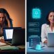 AI marketing for professionals is illustrated by a frustrated entrepreneur surrounded by notes before AI adoption. This is contrasted with a calm professional using AI tools after downloading the AI Marketing Playbook.