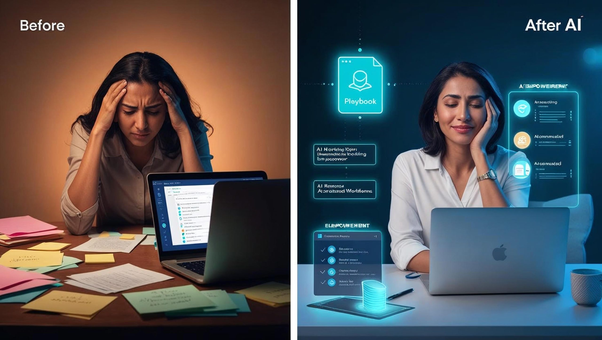 AI marketing for professionals is illustrated by a frustrated entrepreneur surrounded by notes before AI adoption. This is contrasted with a calm professional using AI tools after downloading the AI Marketing Playbook.