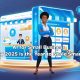 Confident Black woman entrepreneur standing in front of a futuristic digital storefront and AI dashboard, with charts and automation icons representing small business growth using AI in 2025.