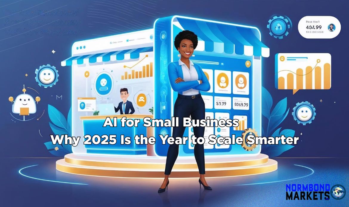 Confident Black woman entrepreneur standing in front of a futuristic digital storefront and AI dashboard, with charts and automation icons representing small business growth using AI in 2025.