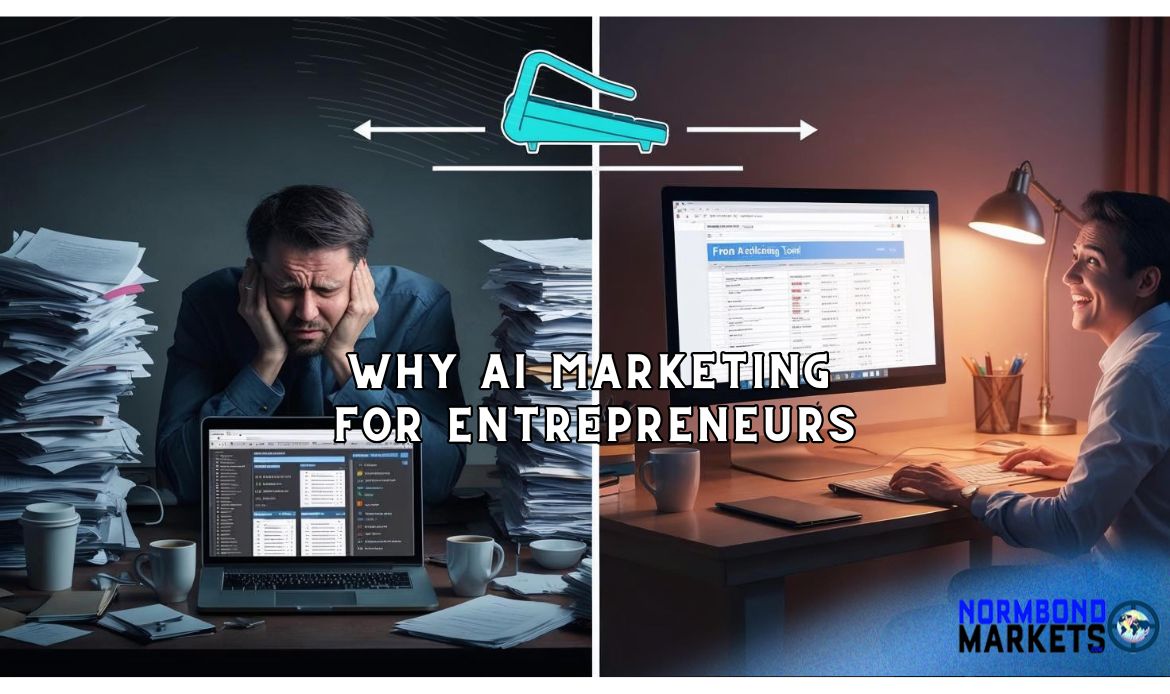 AI Marketing Solutions illustrated with Split-screen showing stressed entrepreneur with paper stacks vs. smiling professional using AI marketing tools on a clean desktop.