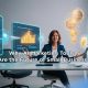 Professional woman using AI marketing tools in a high-tech office with futuristic data dashboards and charts