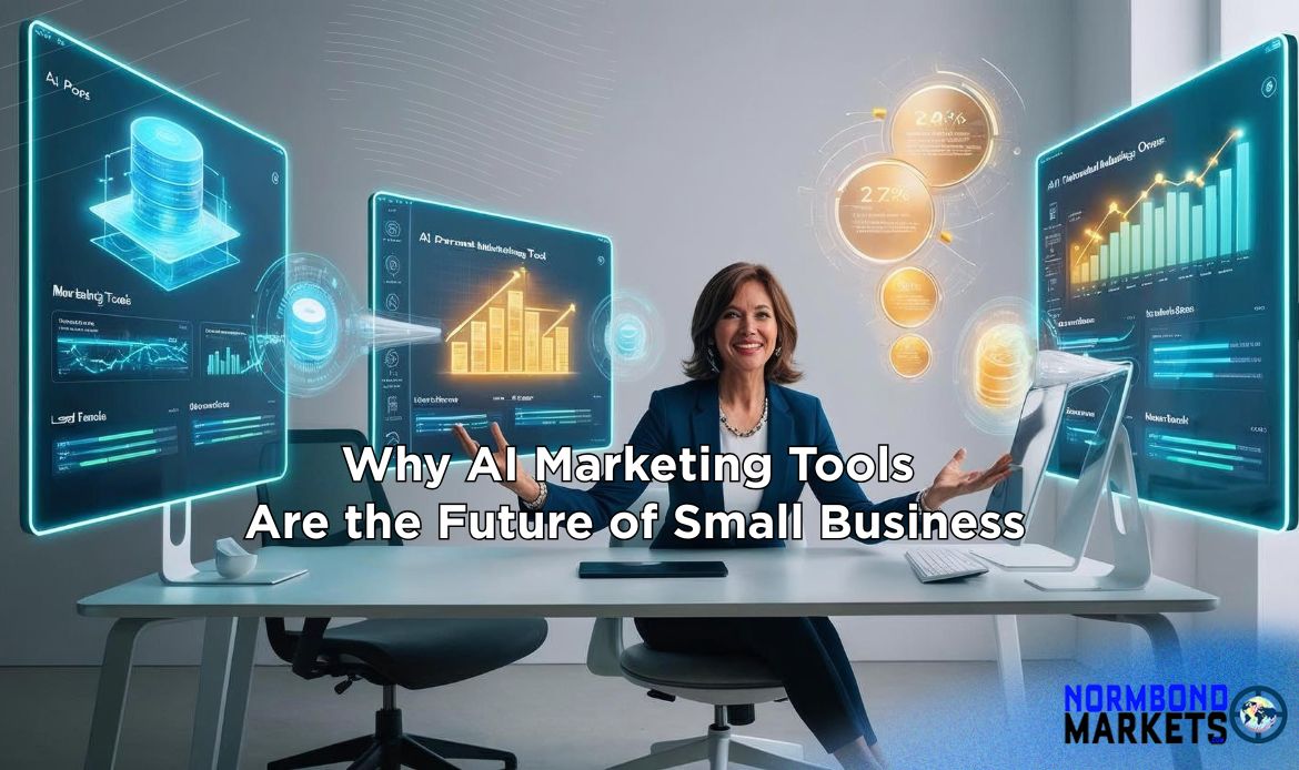 Professional woman using AI marketing tools in a high-tech office with futuristic data dashboards and charts