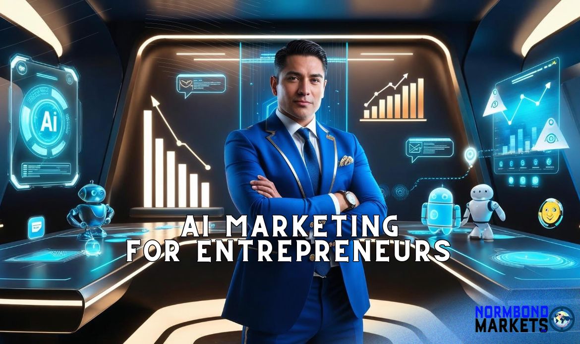 AI marketing for entrepreneurs represented by businessman in blue suit in a digital AI workspace surrounded by marketing charts, automation robots, and futuristic UI elements