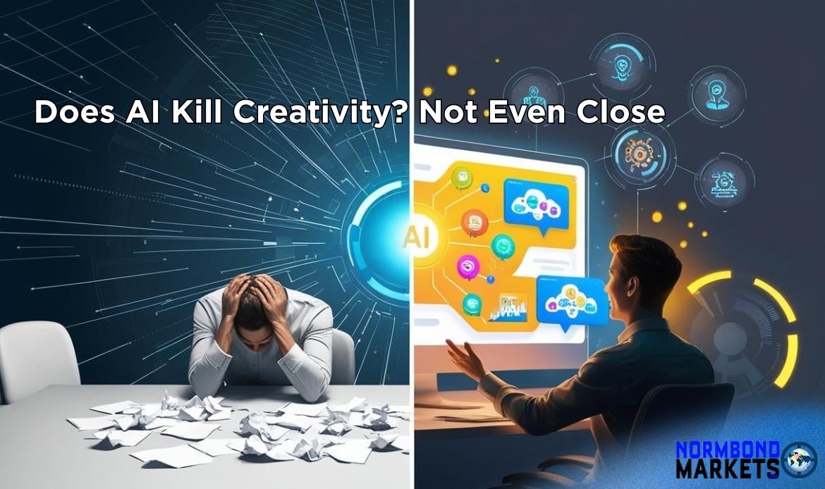 Split image showing a frustrated man with crumpled papers on the left, and the same man working creatively with an AI interface on the right. Text overlay reads “Does AI Kill Creativity? Not Even Close.”