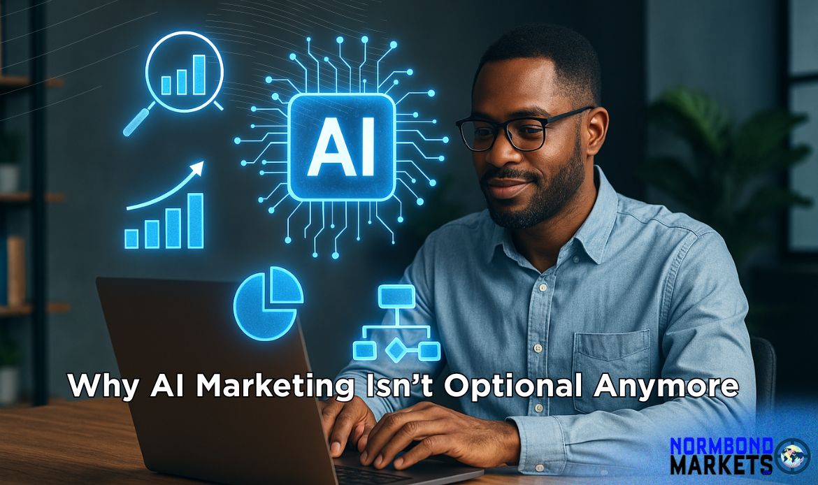 African American entrepreneur working on a laptop surrounded by digital AI and marketing icons, representing modern AI-powered marketing strategy.