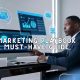 Entrepreneur analyzing AI-powered marketing dashboards with futuristic data overlays