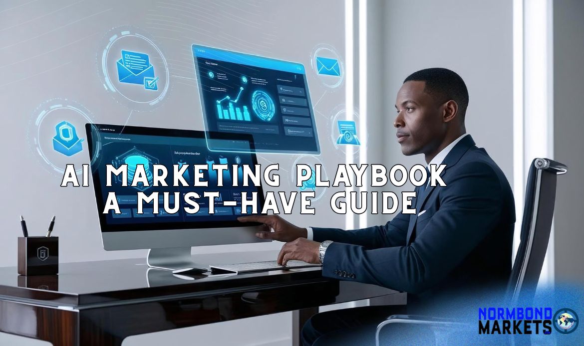 Entrepreneur analyzing AI-powered marketing dashboards with futuristic data overlays