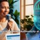 Split-screen image showing a smiling businesswoman speaking into a microphone and a person using AI technology with a glowing digital interface—representing the concept of authenticity powered by AI tools.