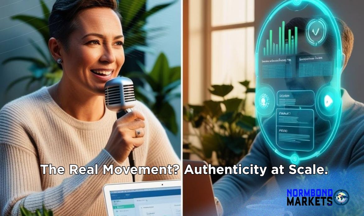 Split-screen image showing a smiling businesswoman speaking into a microphone and a person using AI technology with a glowing digital interface—representing the concept of authenticity powered by AI tools.