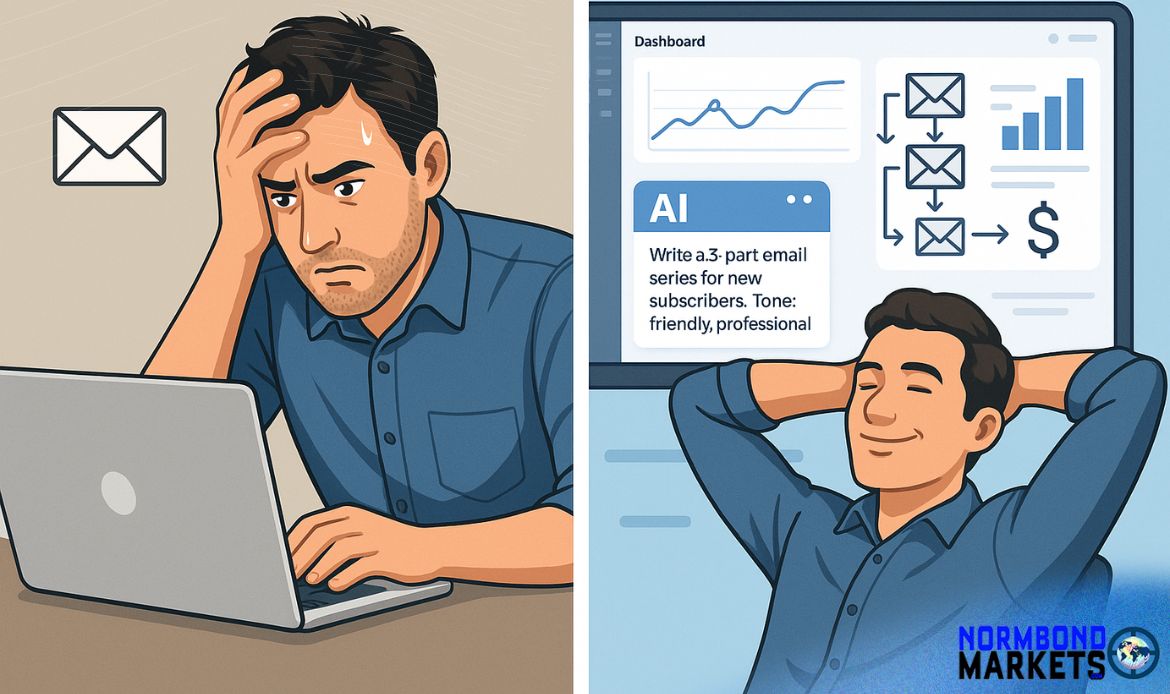 Split-screen showing a frustrated entrepreneur typing emails manually on the left, and the same person relaxed on the right while an AI dashboard automates an email funnel.