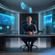AI marketing for coaches empowers business coach at a desk surrounded by futuristic AI dashboards and analytics