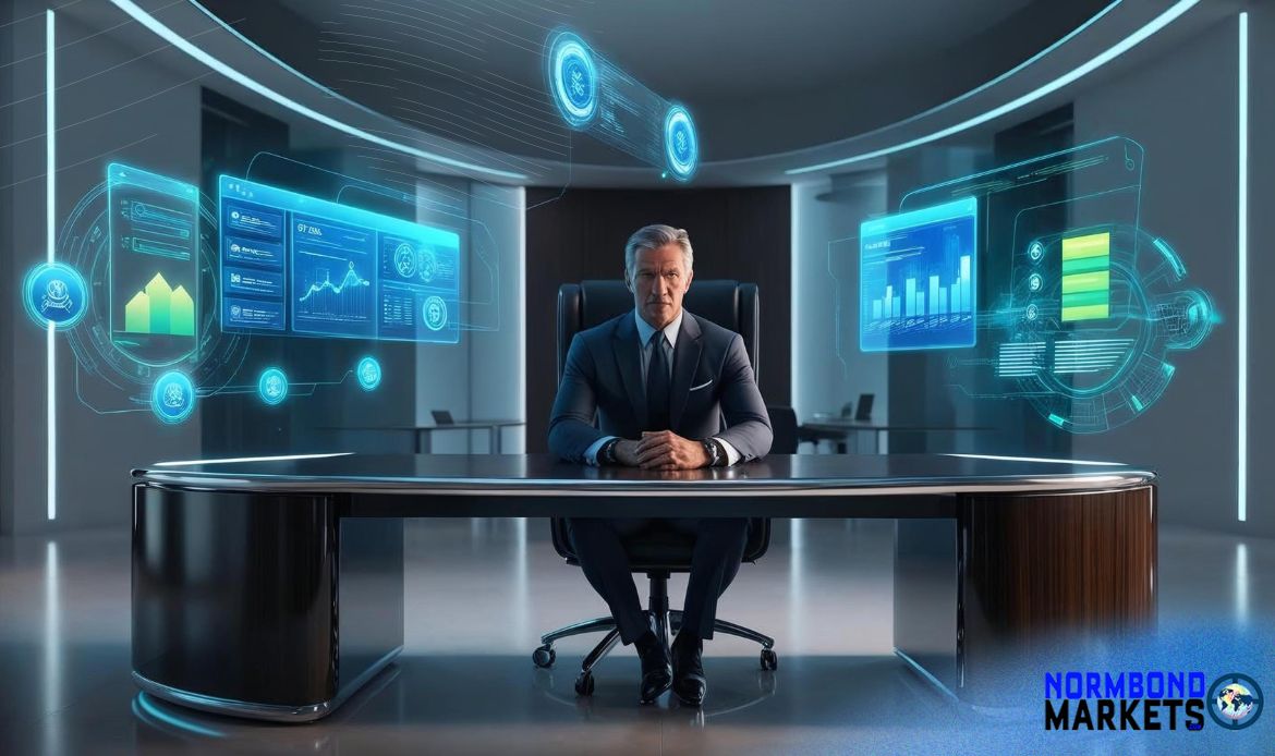 AI marketing for coaches empowers business coach at a desk surrounded by futuristic AI dashboards and analytics
