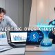 Frustrated business owner looking at traffic charts beside confident entrepreneur using AI funnel to convert leads, captioned “Converting Over Chasing” shows why some business owners get best results