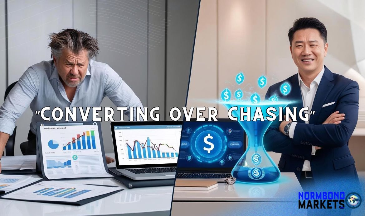 Frustrated business owner looking at traffic charts beside confident entrepreneur using AI funnel to convert leads, captioned “Converting Over Chasing” shows why some business owners get best results