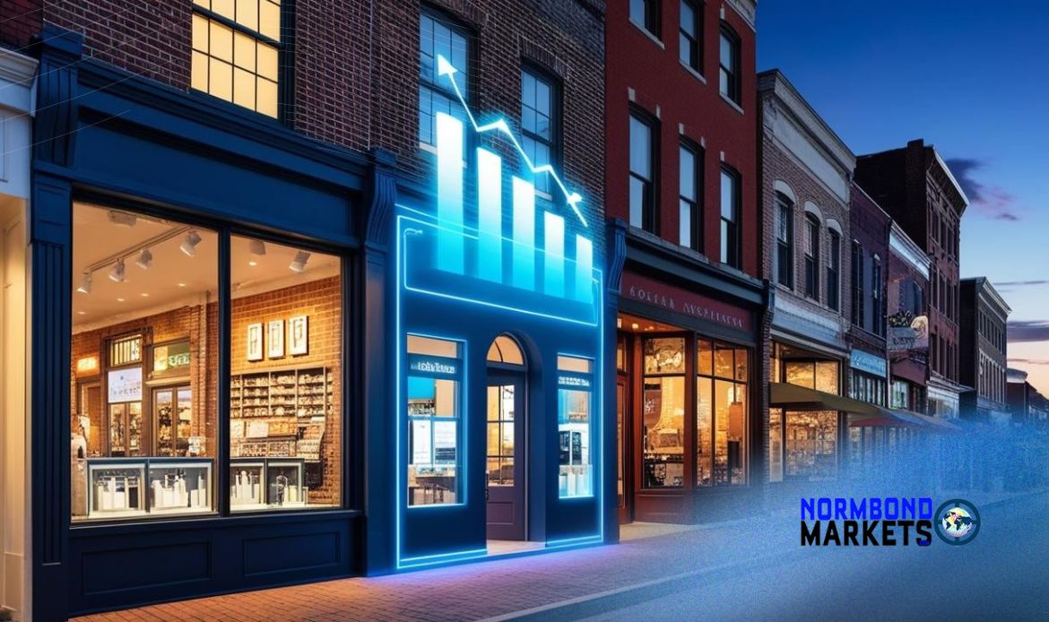Local storefront glowing with futuristic blue AI graphics and upward-trending marketing data visuals, symbolizing small business growth.