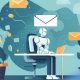Illustration of an AI robot at a desk turning emails into blog content, representing automated content repurposing.