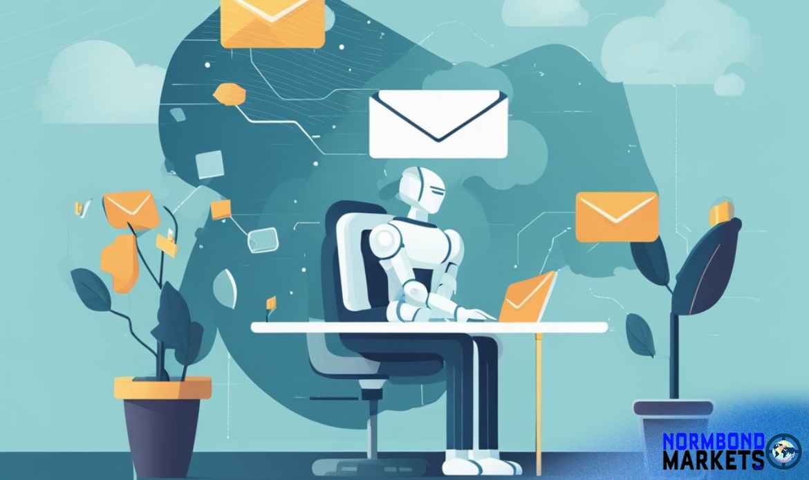 Illustration of an AI robot at a desk turning emails into blog content, representing automated content repurposing.
