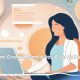 Illustration of a female wellness coach using a laptop surrounded by AI-powered content elements, representing her growth from overwhelmed to a daily online presence.