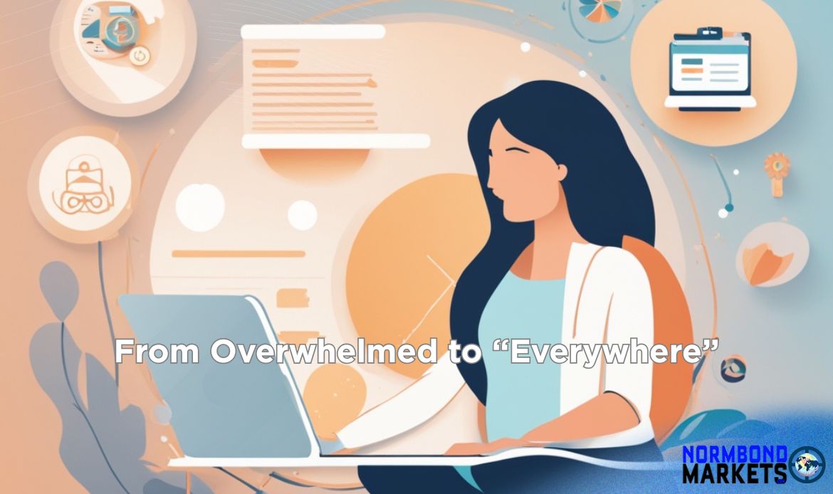 Illustration of a female wellness coach using a laptop surrounded by AI-powered content elements, representing her growth from overwhelmed to a daily online presence.