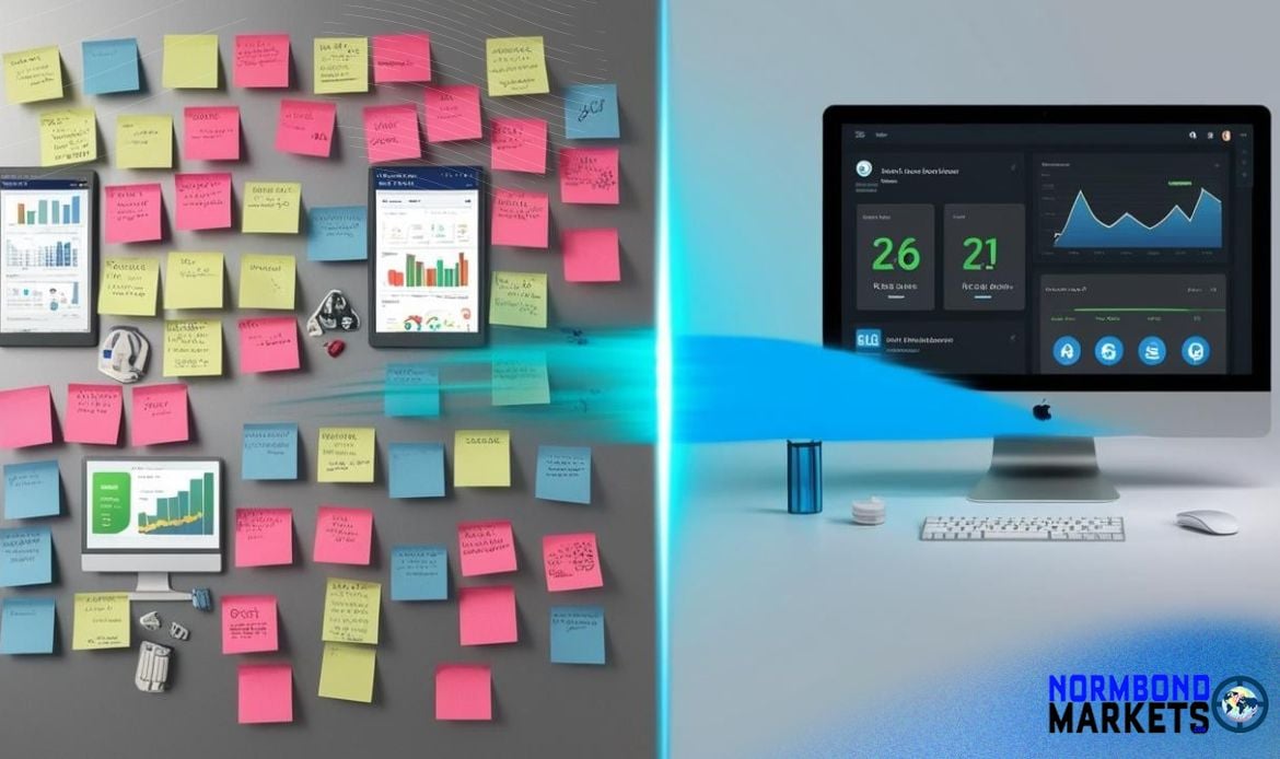Split-screen visual showing cluttered marketing tools on the left and a clean, AI-powered dashboard on the right, symbolizing marketing clarity through elimination.