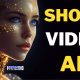 Futuristic AI-generated female face with glowing circuits next to bold text “SHORT VIDEO AI” – representing AI-powered short-form video content for small businesses