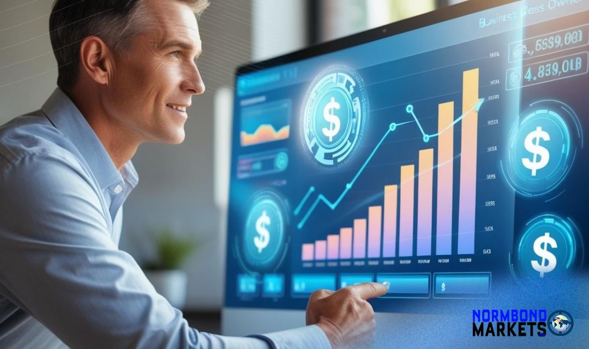 Business owner reviewing AI-powered financial dashboard showing growth and cost savings